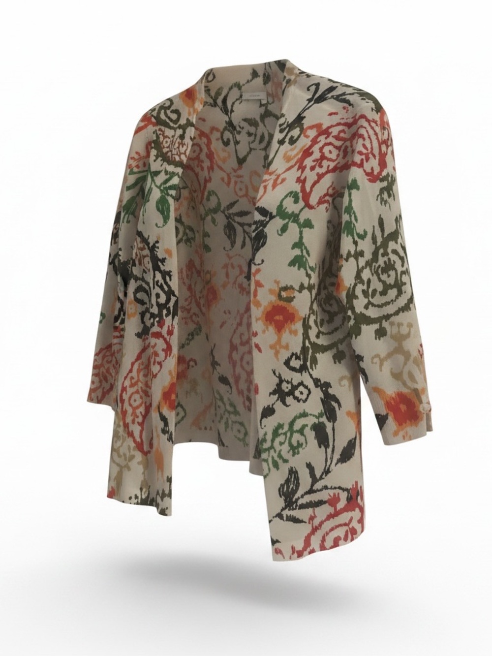 Chico's Cream Floral Print Open Cardigan with Green, Orange and Black Accents